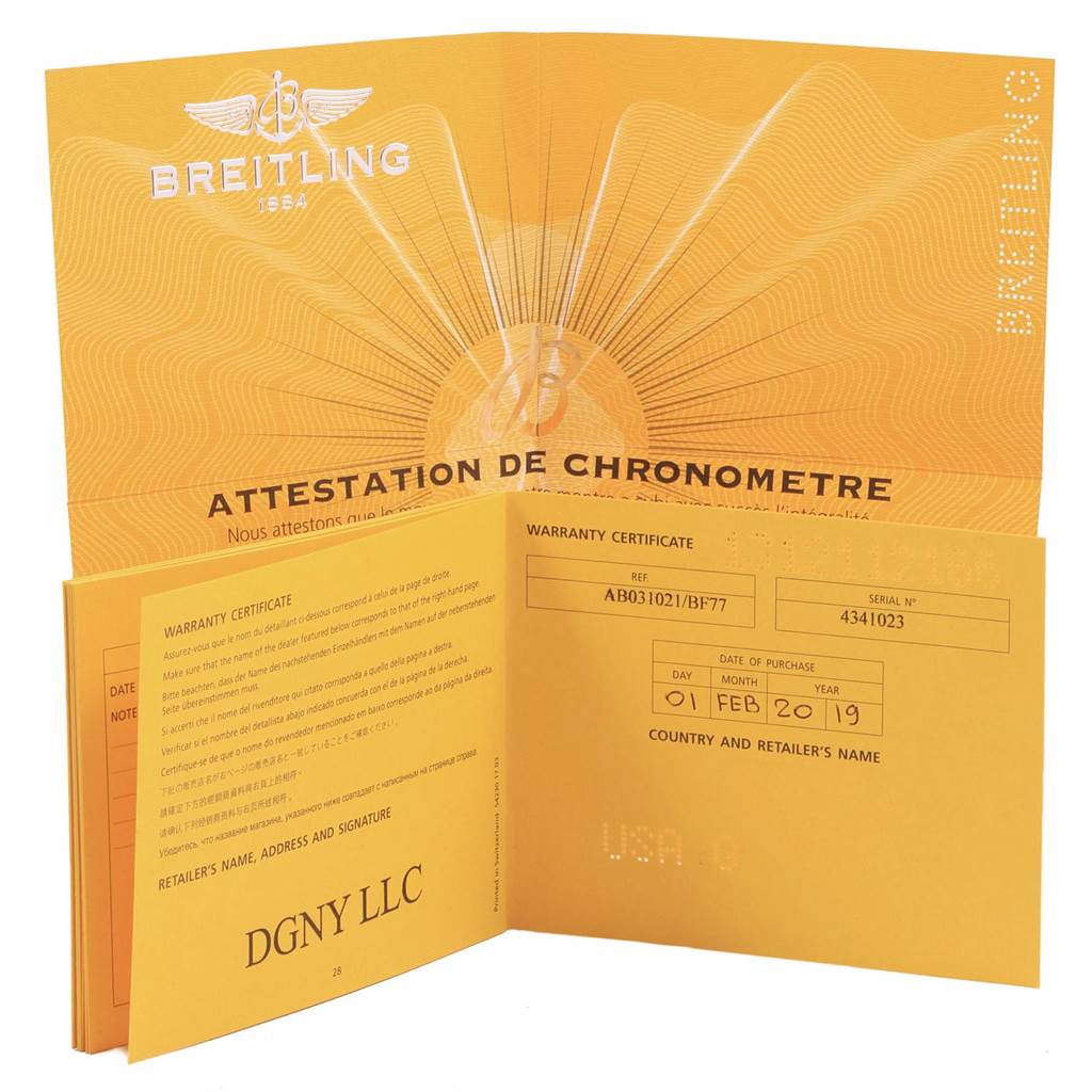 The image shows the warranty certificate and chronometer attestation for a Breitling Navitimer AB031021/BF77/441X Men
s Stainless Steel Black Dial AB031021/BF77/441X Men
s Stainless Steel Black Dial watch.