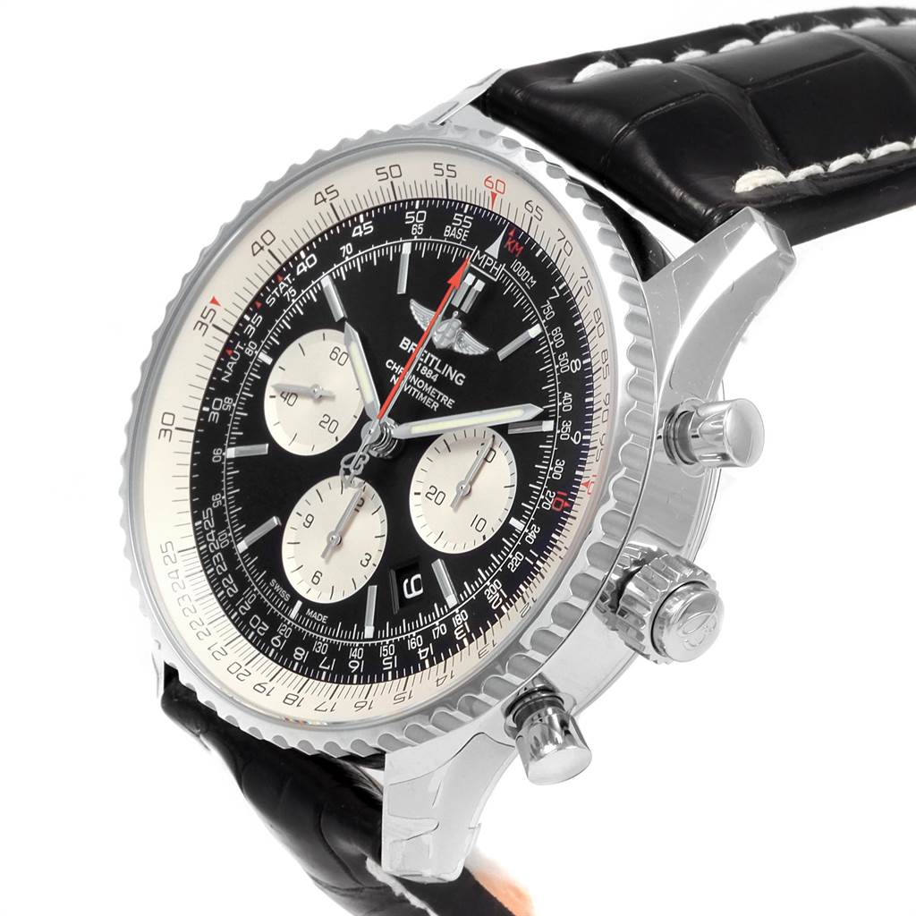 The Breitling Navitimer AB031021/BF77/441X Men
s Stainless Steel Black Dial AB031021/BF77/441X Men
s Stainless Steel Black Dial watch is shown at an angle highlighting its face, side buttons, and black leather strap.