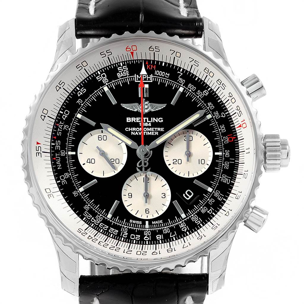 The image shows a front view of the Breitling Navitimer AB031021/BF77/441X Men
s Stainless Steel Black Dial AB031021/BF77/441X Men
s Stainless Steel Black Dial watch, featuring a black dial, subdials, and a leather strap.