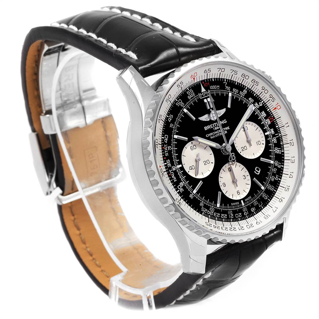 The Breitling Navitimer AB031021/BF77/441X Men
s Stainless Steel Black Dial AB031021/BF77/441X Men
s Stainless Steel Black Dial watch is shown from an angled top-left view, highlighting its black dial, subdials, and leather strap.
