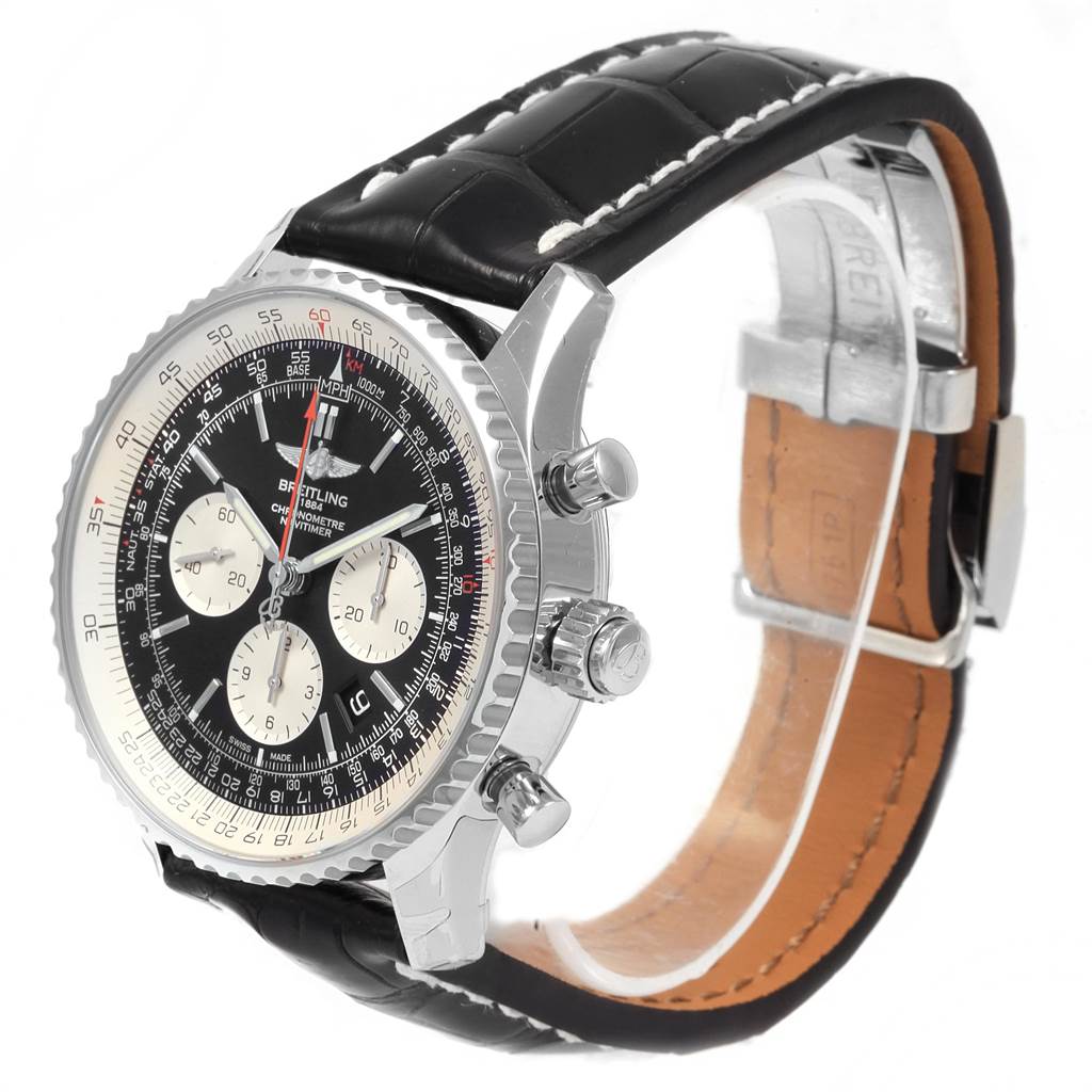 The image shows a side-angle view of the Breitling Navitimer AB031021/BF77/441X Men
s Stainless Steel Black Dial AB031021/BF77/441X Men
s Stainless Steel Black Dial watch highlighting its dial, bezel, crown, pushers, and leather strap.