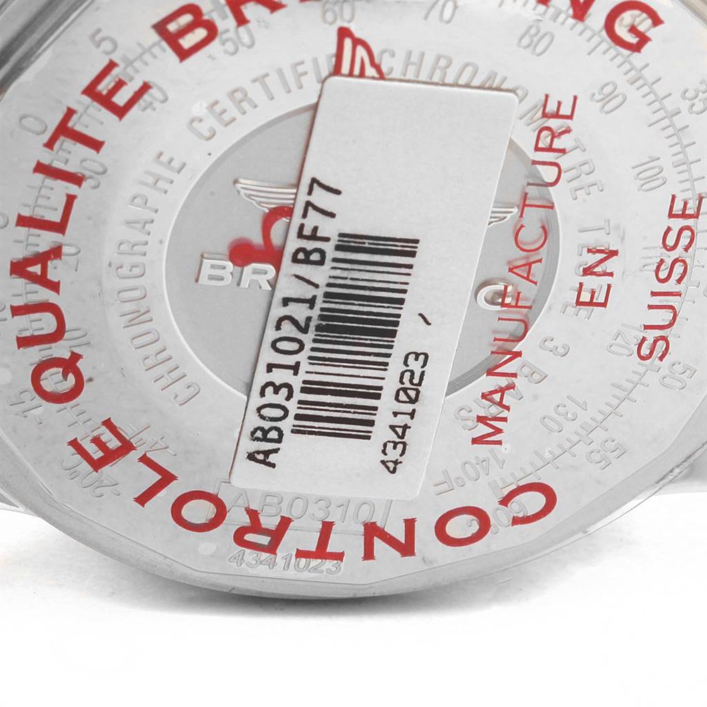 The image shows the back case of a Breitling Navitimer AB031021/BF77/441X Men
s Stainless Steel Black Dial AB031021/BF77/441X Men
s Stainless Steel Black Dial watch with a barcode and text detailing.