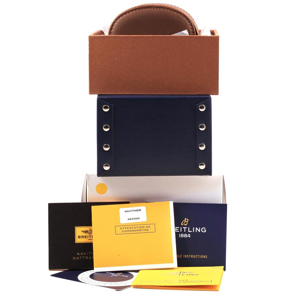 The image shows a Breitling Navitimer AB031021/BF77/441X Men
s Stainless Steel Black Dial AB031021/BF77/441X Men
s Stainless Steel Black Dial watch packaging, including boxes, warranty card, and instruction manuals.