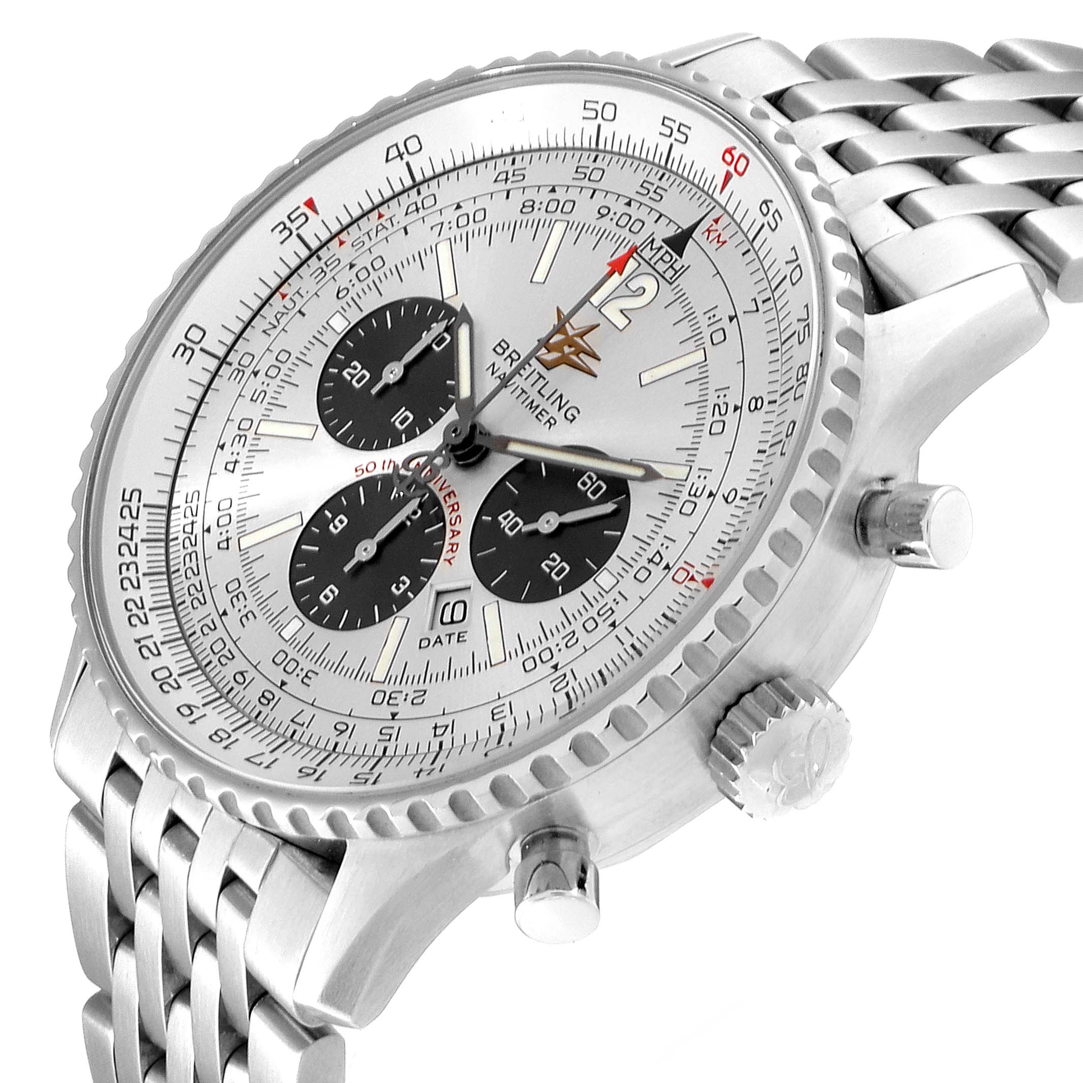 The image shows a Breitling Navitimer A41322 Men
s Stainless Steel Silver Dial A41322 Men
s Stainless Steel Silver Dial watch at an oblique angle, revealing the dial, bezel, pushers, crown, and part of the metal bracelet.