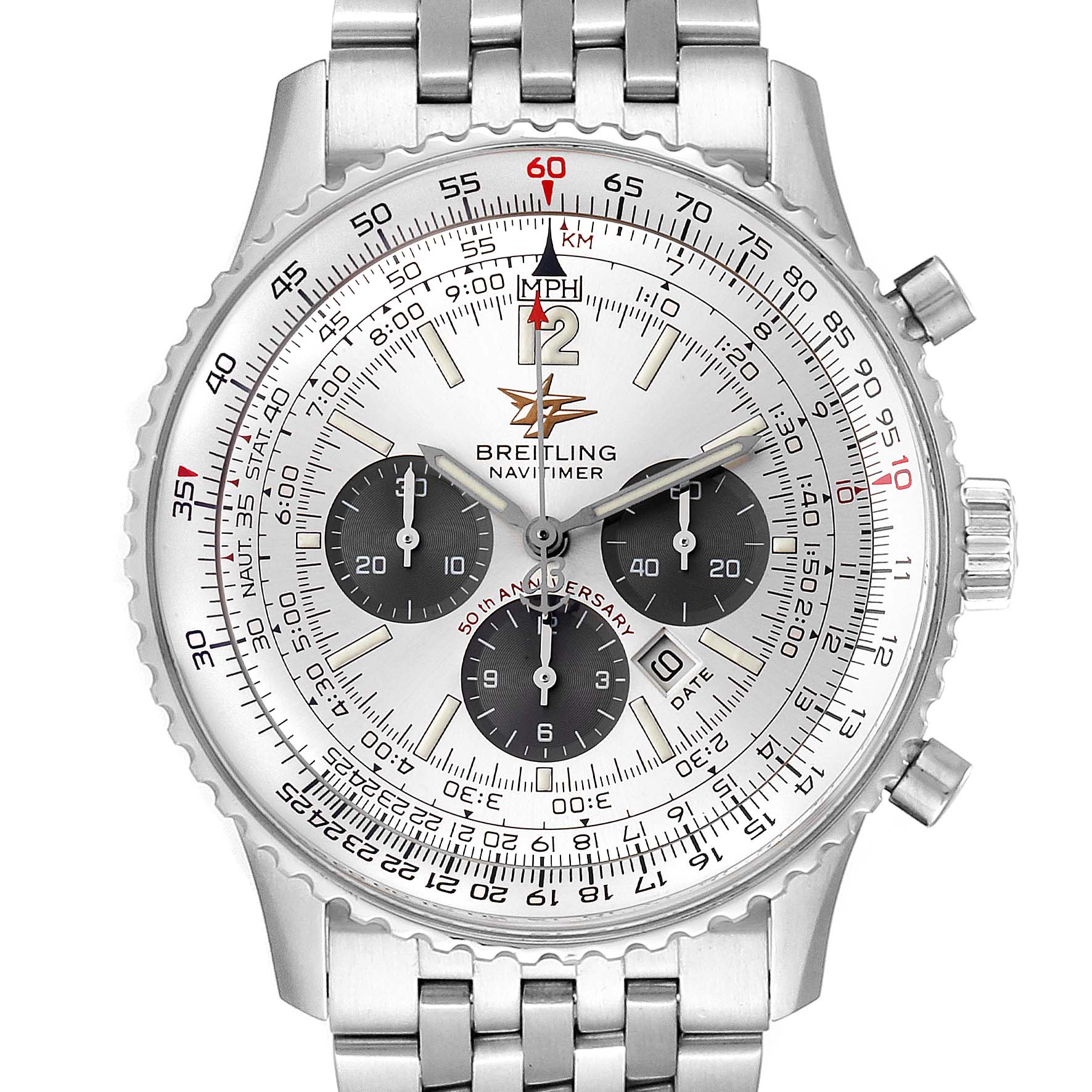 This image shows the front view of a Breitling Navitimer A41322 Men
s Stainless Steel Silver Dial A41322 Men
s Stainless Steel Silver Dial watch, highlighting the dial, sub-dials, bezel, and bracelet.