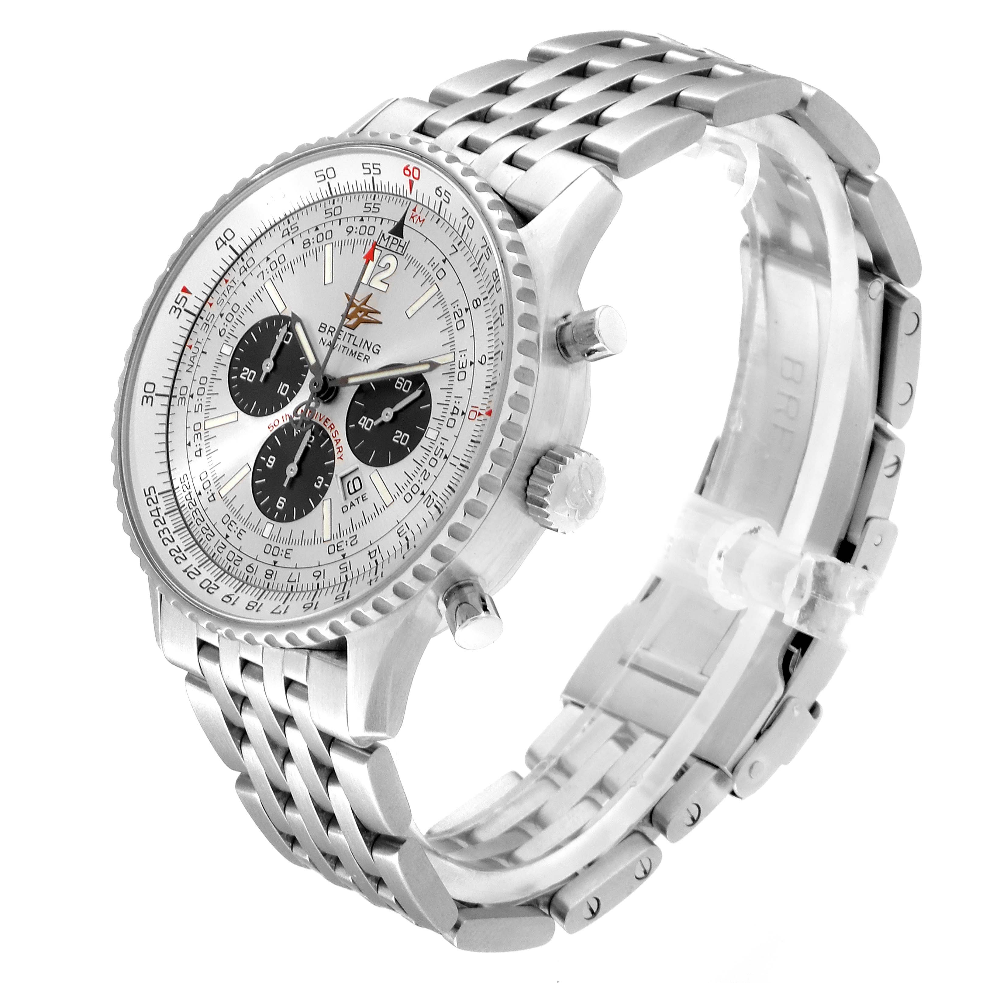 The image shows a Breitling Navitimer A41322 Men
s Stainless Steel Silver Dial A41322 Men
s Stainless Steel Silver Dial watch at a three-quarter angle, highlighting its face and metal bracelet.