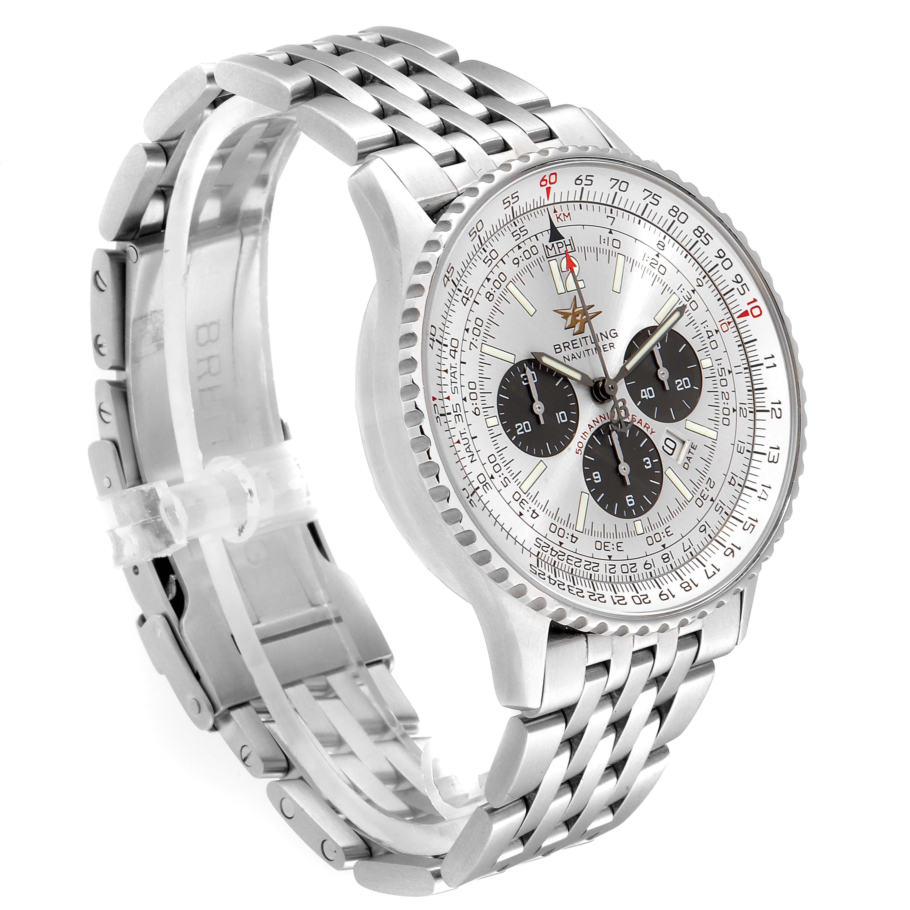 The image shows a Breitling Navitimer A41322 Men
s Stainless Steel Silver Dial A41322 Men
s Stainless Steel Silver Dial model watch from a front angle, highlighting its dial, bezel, and metal bracelet.