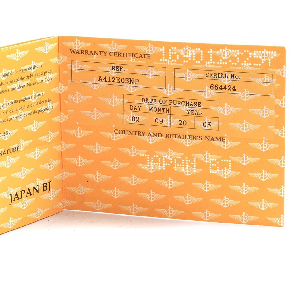 This image shows the warranty certificate for a Breitling Navitimer A41322 Men
s Stainless Steel Silver Dial A41322 Men
s Stainless Steel Silver Dial watch.