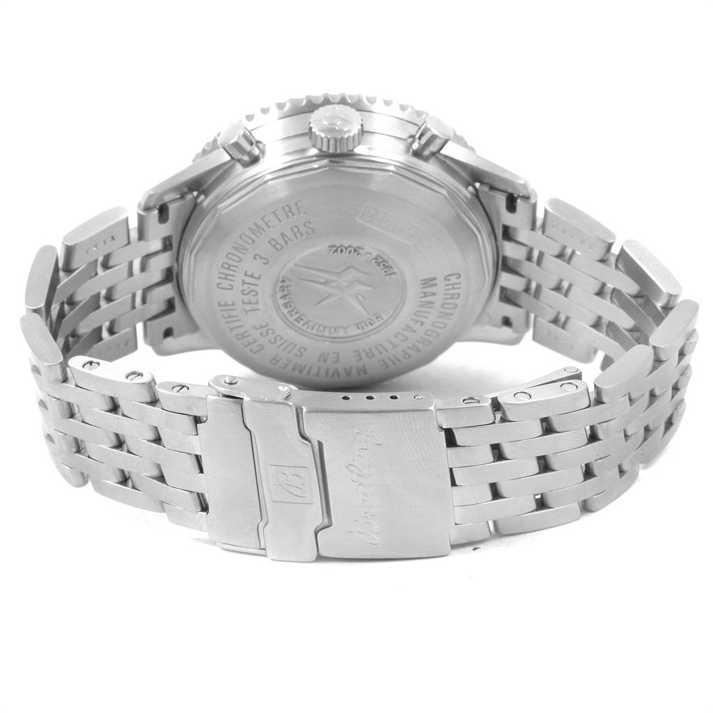 The image shows the back case and bracelet of a Breitling Navitimer A41322 Men
s Stainless Steel Silver Dial A41322 Men
s Stainless Steel Silver Dial watch viewed from a rear angle.