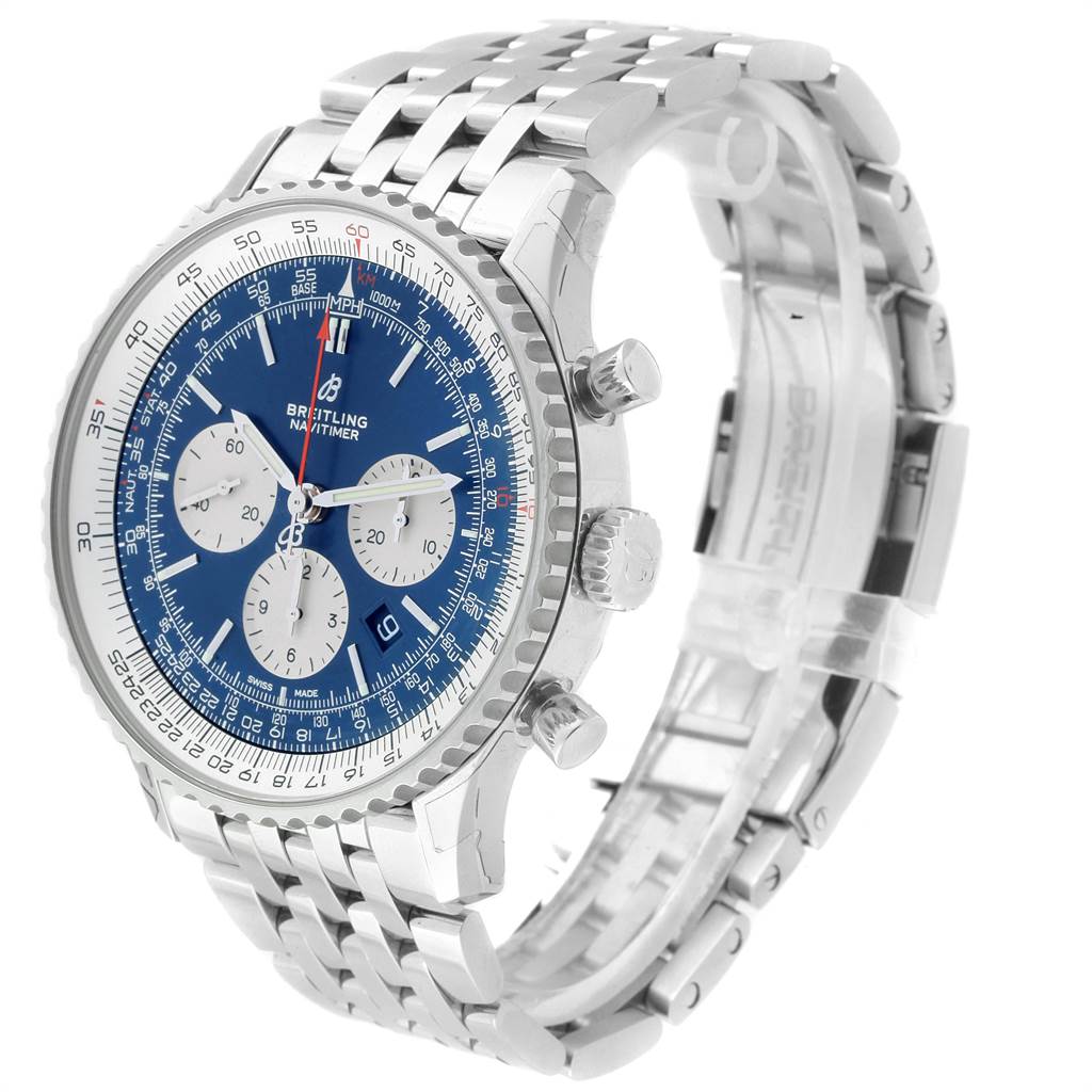 The image shows a Breitling Navitimer AB0127211C1A1 Men's Stainless Steel Blue Dial AB0127211C1A1 Men's Stainless Steel Blue Dial watch at a three-quarter angle, highlighting the front dial, case, and metal bracelet.
