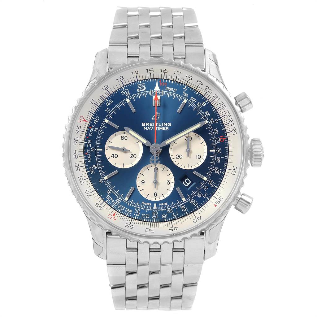 The image shows a front view of a Breitling Navitimer AB0127211C1A1 Men's Stainless Steel Blue Dial AB0127211C1A1 Men's Stainless Steel Blue Dial watch, including the dial, bezel, case, and bracelet.