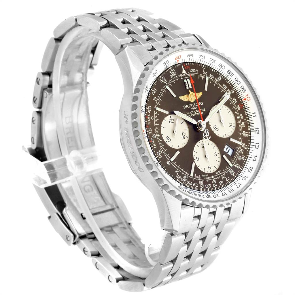 This image shows a side angle of the Breitling Navitimer AB0121C4/Q605 Men's Stainless Steel Brown Dial AB0121C4/Q605 Men's Stainless Steel Brown Dial watch, highlighting its dial, bezel, and metal bracelet.