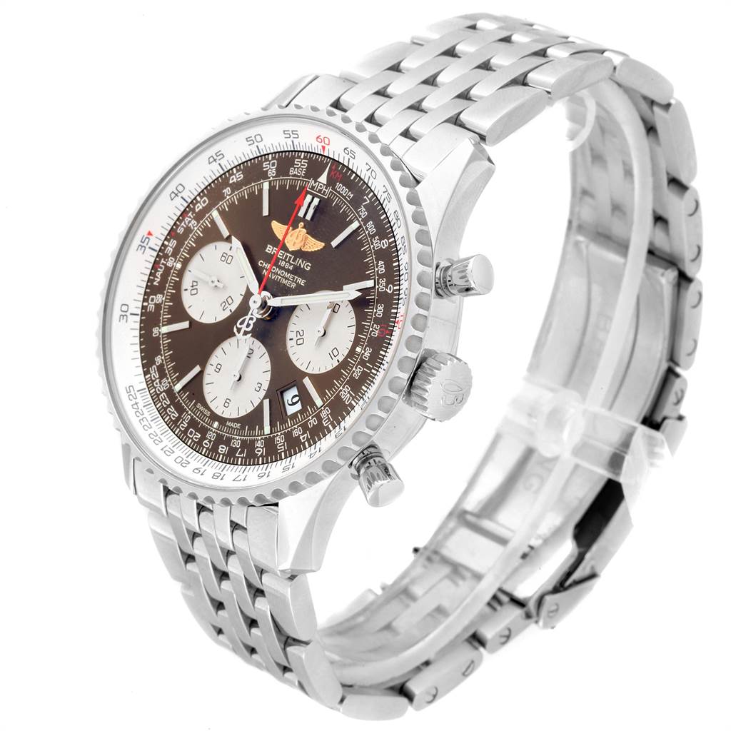 The Breitling Navitimer AB0121C4/Q605 Men's Stainless Steel Brown Dial AB0121C4/Q605 Men's Stainless Steel Brown Dial watch is shown from an angled side view, displaying the dial, pushers, crown, and metal bracelet.