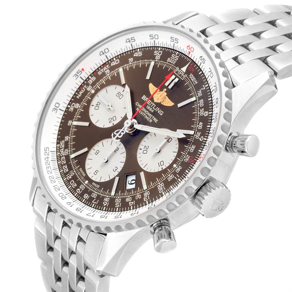 The image shows a close-up, angled view of the Breitling Navitimer AB0121C4/Q605 Men's Stainless Steel Brown Dial AB0121C4/Q605 Men's Stainless Steel Brown Dial watch, displaying its face, chronograph dials, and stainless-steel bracelet.