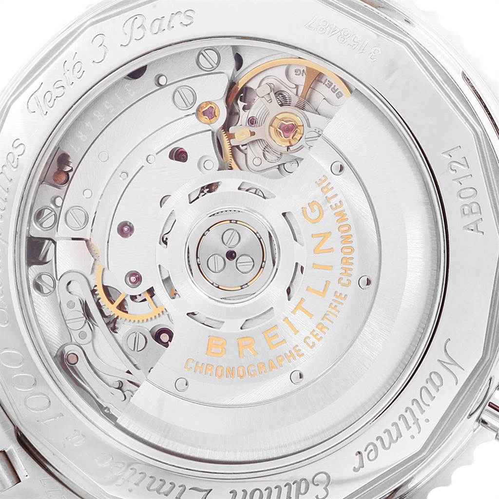 The image shows the detailed mechanics of the Breitling Navitimer AB0121C4/Q605 Men's Stainless Steel Brown Dial AB0121C4/Q605 Men's Stainless Steel Brown Dial watch's movement viewed from the back.