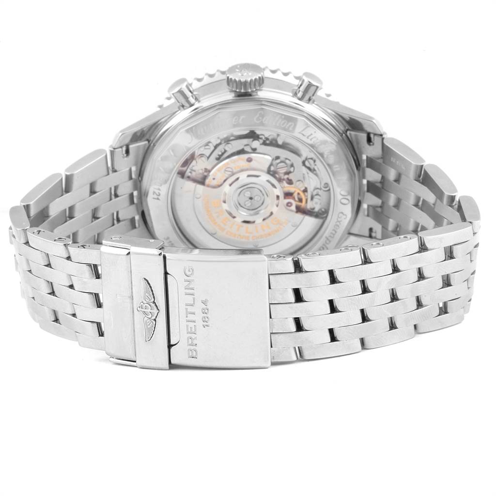 The image shows the back view of a Breitling Navitimer AB0121C4/Q605 Men's Stainless Steel Brown Dial AB0121C4/Q605 Men's Stainless Steel Brown Dial watch, displaying its transparent case back and metal bracelet.