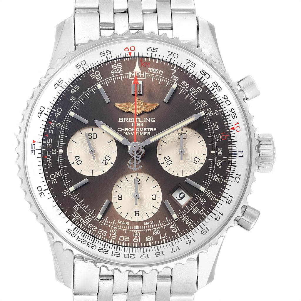 This is a front-view image of the Breitling Navitimer AB0121C4/Q605 Men's Stainless Steel Brown Dial AB0121C4/Q605 Men's Stainless Steel Brown Dial watch, showing the entire dial, bezel, and part of the metal bracelet.