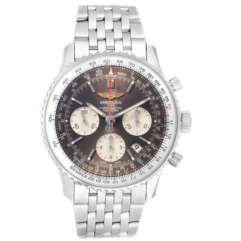 The image shows a front view of the Breitling Navitimer AB0121C4/Q605 Men's Stainless Steel Brown Dial AB0121C4/Q605 Men's Stainless Steel Brown Dial watch displaying the face, stainless steel bracelet, and chronograph features.