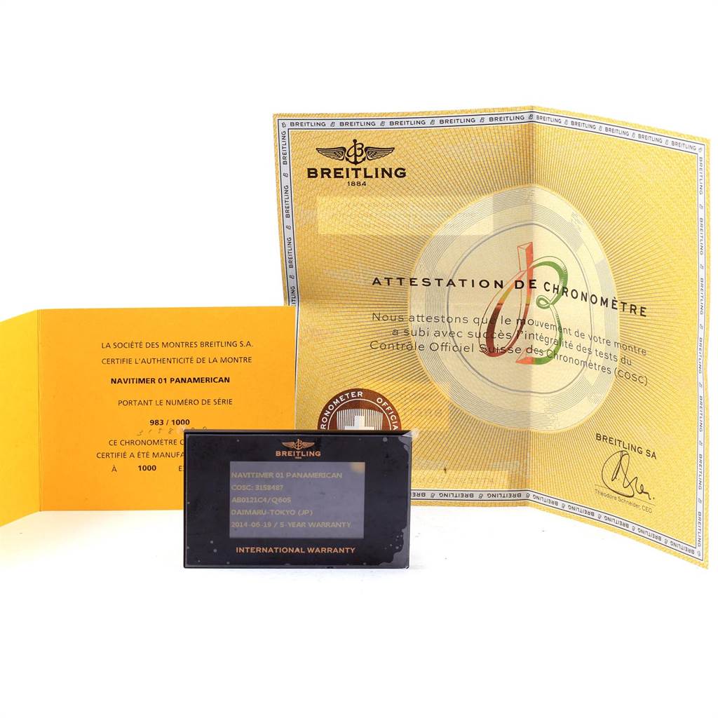 The image shows certificates and warranty cards for a Breitling Navitimer AB0121C4/Q605 Men's Stainless Steel Brown Dial AB0121C4/Q605 Men's Stainless Steel Brown Dial model.