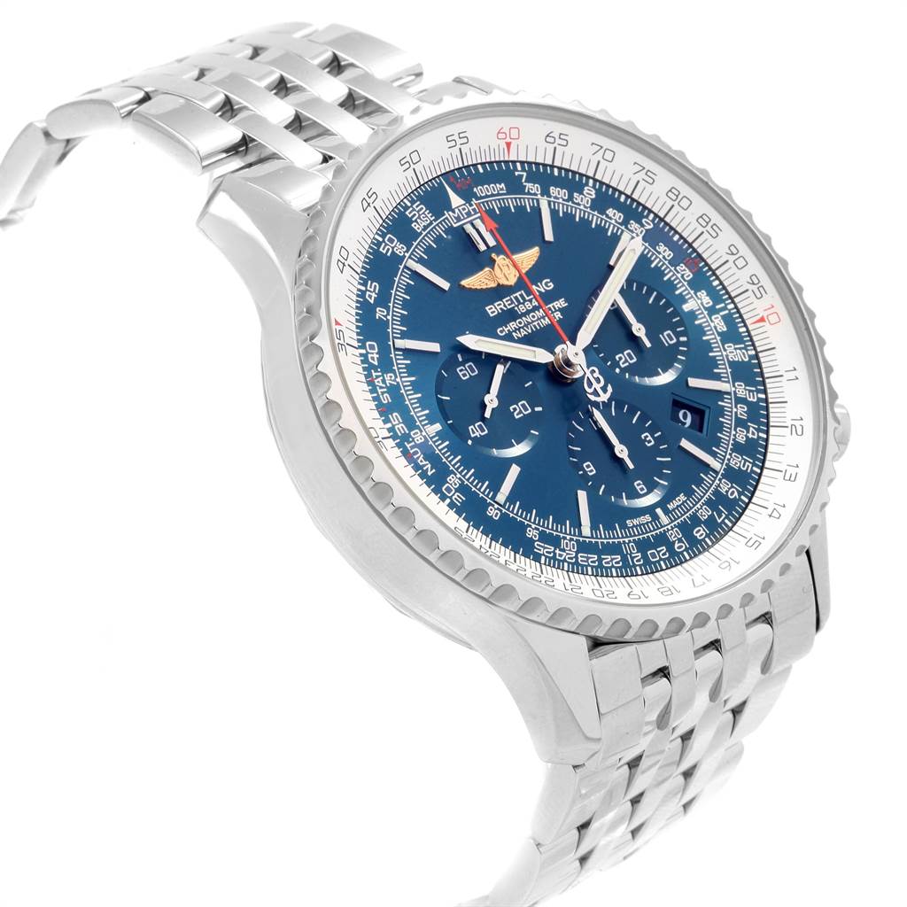 The image shows a side angle view of the Breitling Navitimer AB012721-C889-453A Men's Stainless Steel Blue Dial AB012721-C889-453A Men's Stainless Steel Blue Dial watch, highlighting its blue dial, bezel, and metal bracelet.