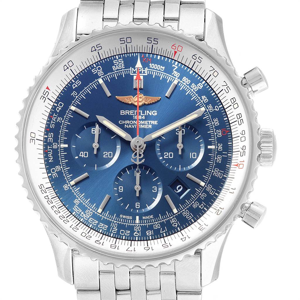 This image shows a front view of a Breitling Navitimer AB012721-C889-453A Men's Stainless Steel Blue Dial AB012721-C889-453A Men's Stainless Steel Blue Dial watch, highlighting its blue dial, chronograph subdials, and stainless steel bracelet.