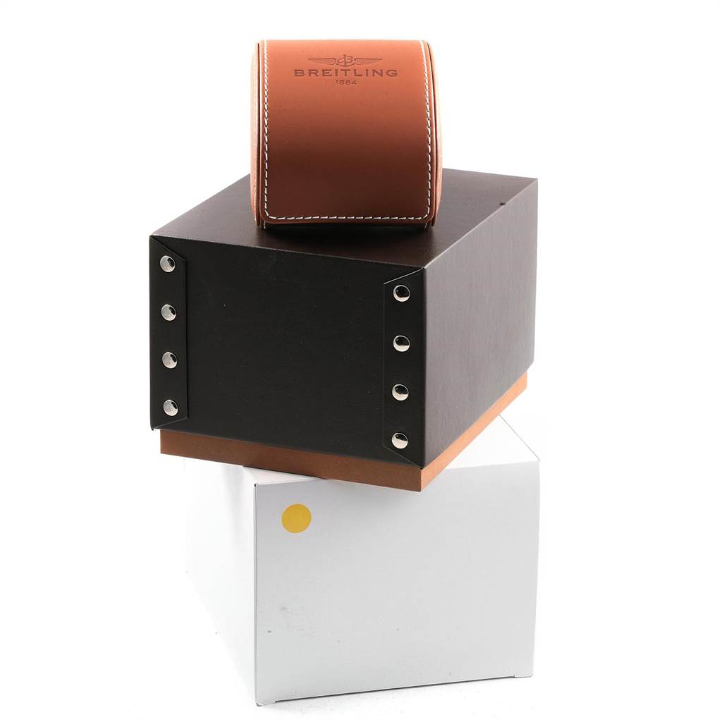 The image shows a Breitling Navitimer AB012721-C889-453A Men's Stainless Steel Blue Dial AB012721-C889-453A Men's Stainless Steel Blue Dial watch box and leather case from a front angle.