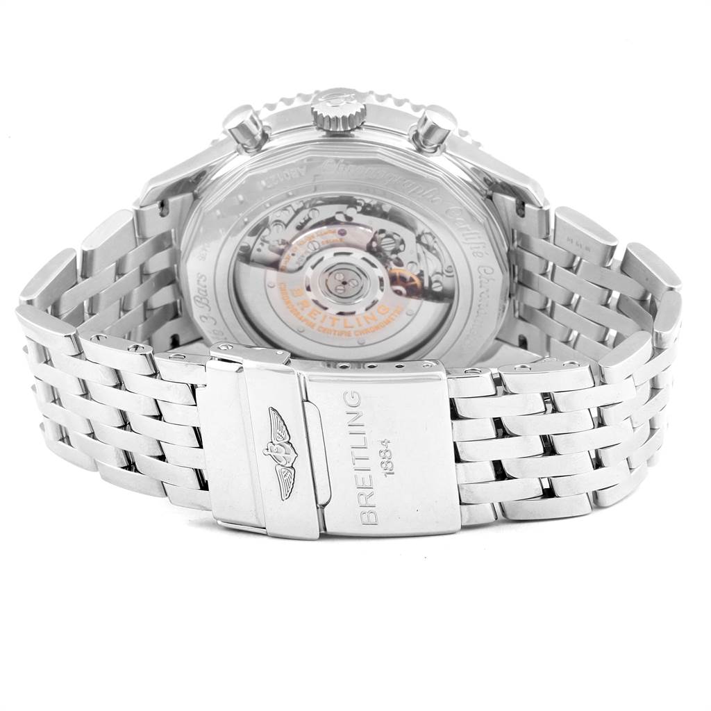 The image shows the back view of a Breitling Navitimer AB012721-C889-453A Men's Stainless Steel Blue Dial AB012721-C889-453A Men's Stainless Steel Blue Dial watch, highlighting its clasp and transparent case back.