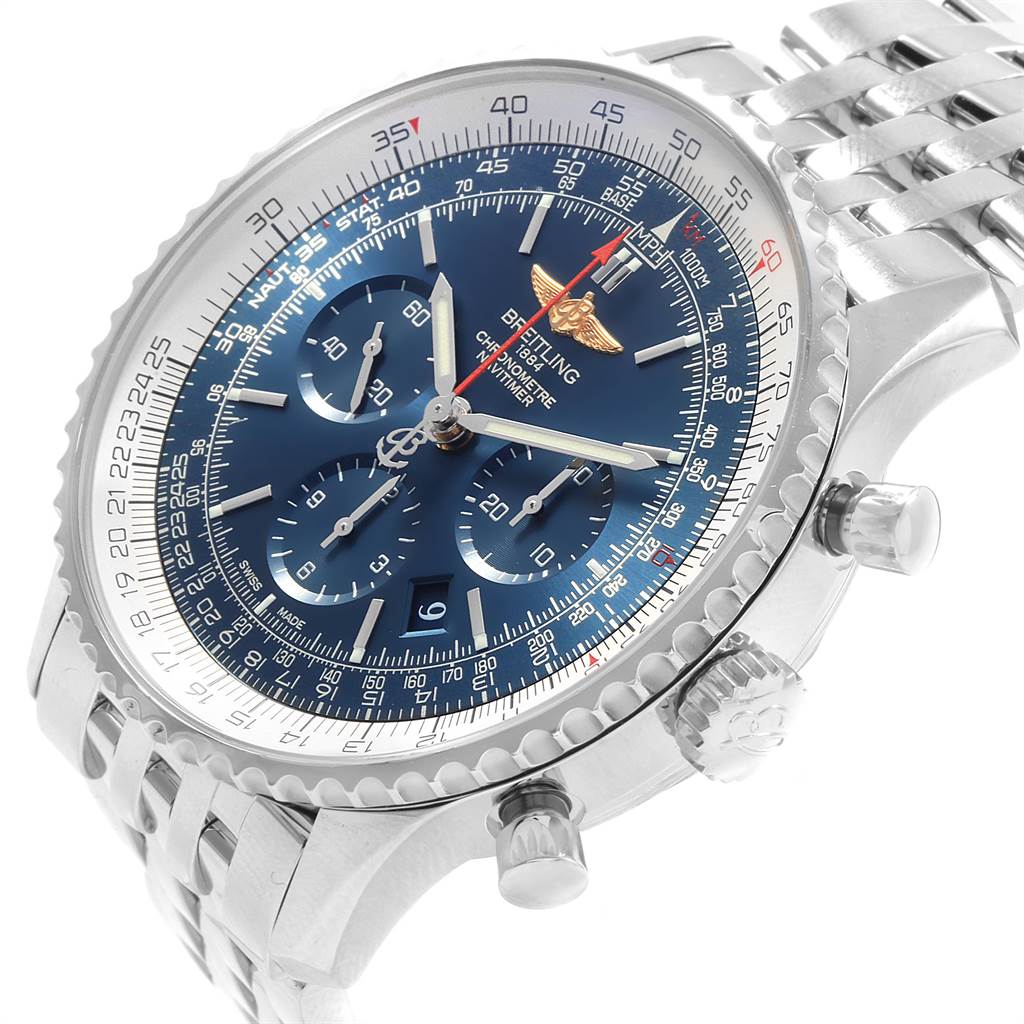 The image shows a Breitling Navitimer AB012721-C889-453A Men's Stainless Steel Blue Dial AB012721-C889-453A Men's Stainless Steel Blue Dial watch at a slight angle, highlighting its dial, bezel, pushers, crown, and metal bracelet.