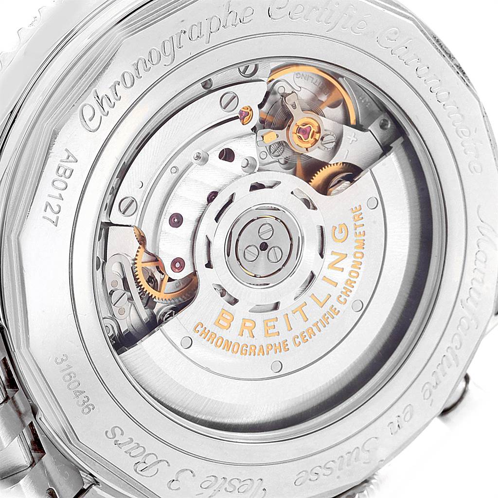 This image shows the back view of the Breitling Navitimer AB012721-C889-453A Men's Stainless Steel Blue Dial AB012721-C889-453A Men's Stainless Steel Blue Dial watch, highlighting its exposed mechanical movement and intricate details.