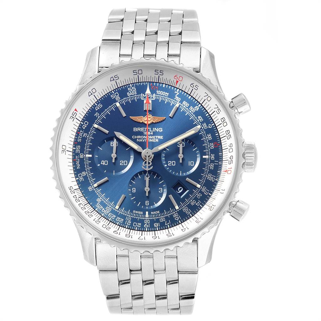 The image shows a front view of the Breitling Navitimer AB012721-C889-453A Men's Stainless Steel Blue Dial AB012721-C889-453A Men's Stainless Steel Blue Dial watch, highlighting its blue dial, subdials, and silver bracelet.