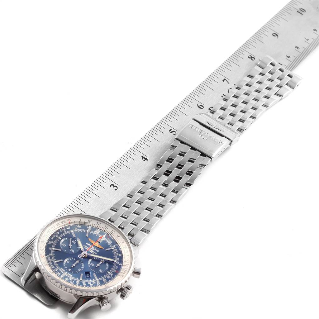 This image shows a Breitling Navitimer AB012721-C889-453A Men's Stainless Steel Blue Dial AB012721-C889-453A Men's Stainless Steel Blue Dial watch at a slight angle, highlighting the dial, bezel, and metal bracelet with clasp.