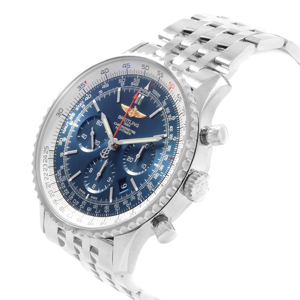 This image shows a Breitling Navitimer AB012721-C889-453A Men's Stainless Steel Blue Dial AB012721-C889-453A Men's Stainless Steel Blue Dial watch angled slightly from the side, highlighting the dial, bezel, case, and bracelet.