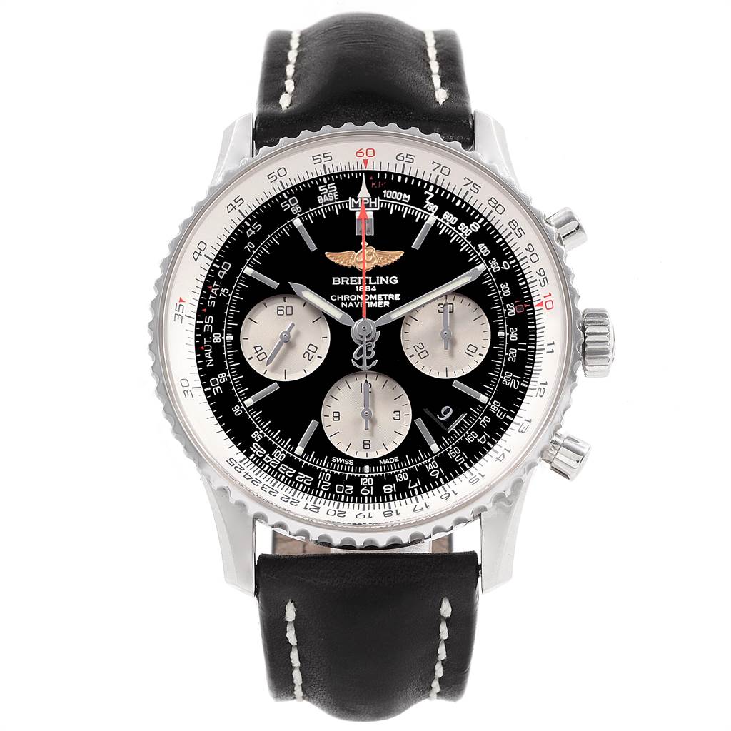 The image shows a front view of a Breitling Navitimer AB0120 Men's Stainless Steel Black Dial AB0120 Men's Stainless Steel Black Dial watch with a black dial, chronograph subdials, and a black leather strap.