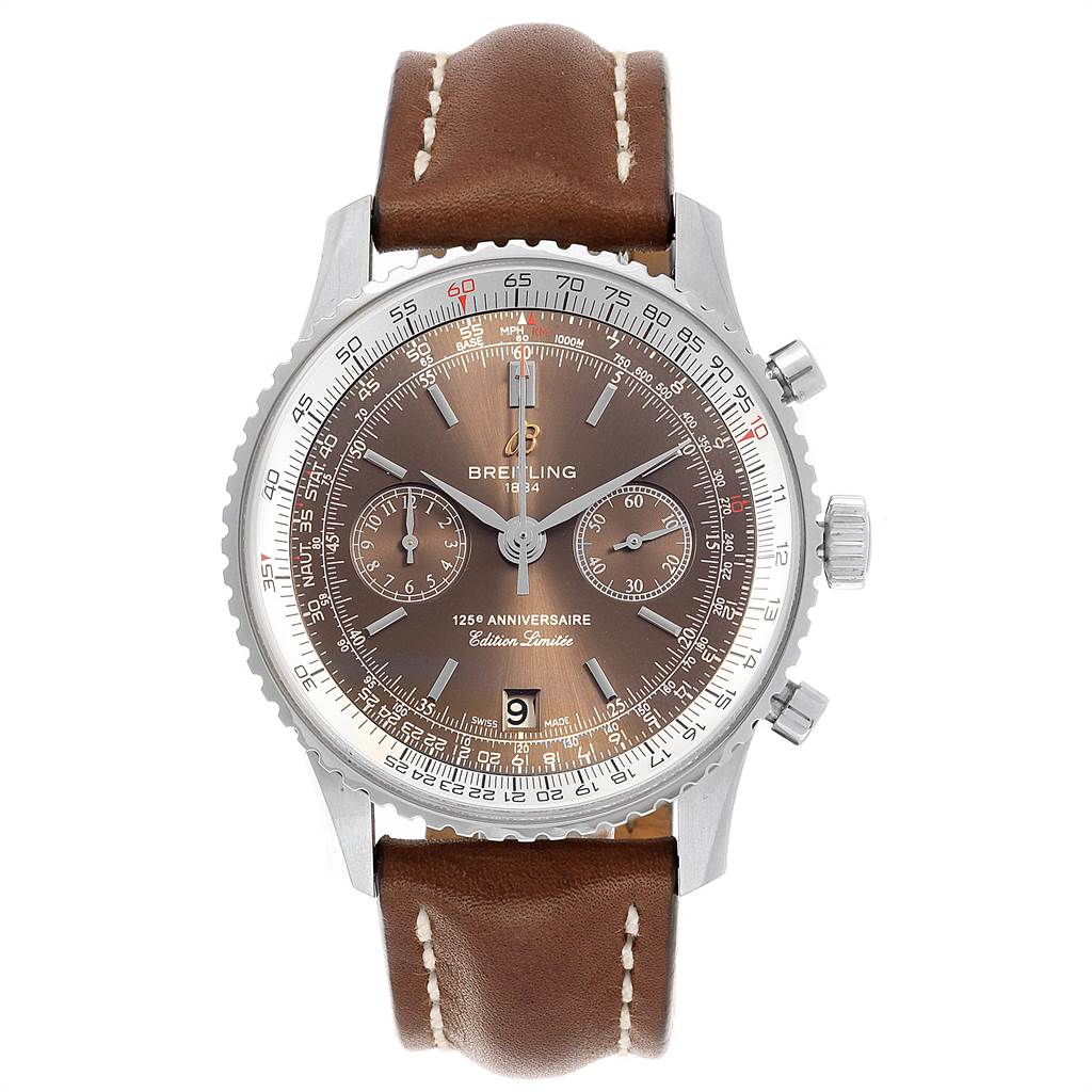 The Breitling Navitimer A26322 Men's Stainless Steel Brown Dial A26322 Men's Stainless Steel Brown Dial watch is shown from the front, displaying its dial, bezel, chronograph subdials, and leather strap.
