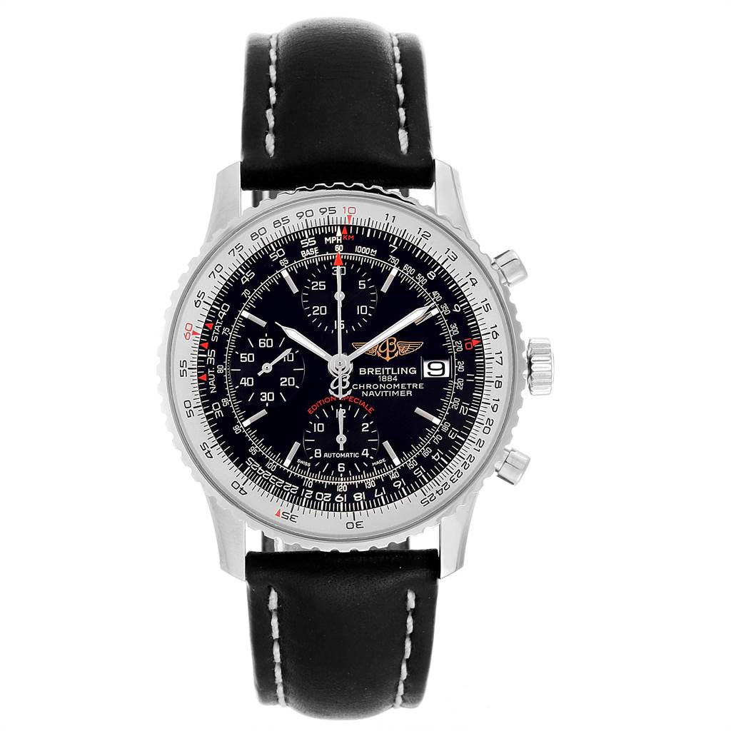 The image shows a front view of the Breitling Navitimer A13324 Men's Stainless Steel Black Dial A13324 Men's Stainless Steel Black Dial watch, highlighting its dial, bezel, and leather strap.