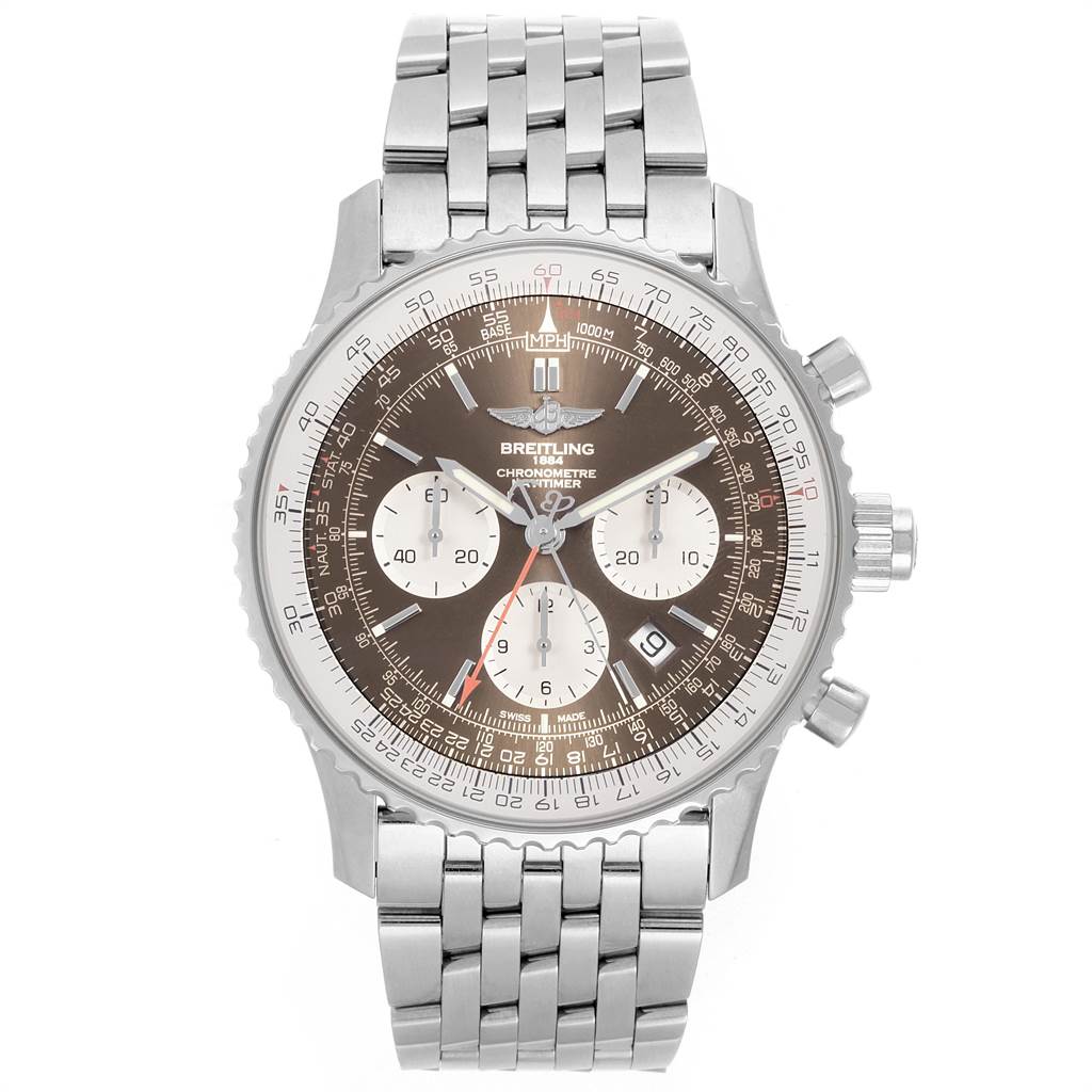 This image shows the face and bracelet of the Breitling Navitimer AB031021/BF77/441X Men's Stainless Steel Brown Dial AB031021/BF77/441X Men's Stainless Steel Brown Dial watch, viewed directly from the front.