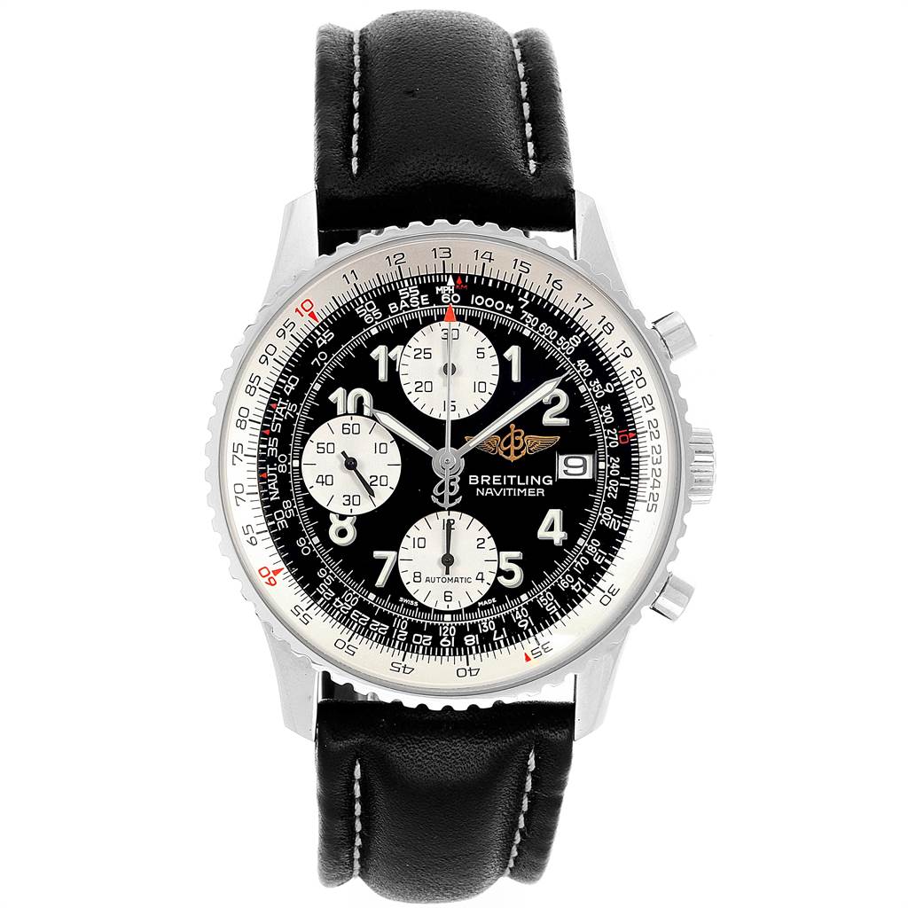 The image shows a front view of the Breitling Navitimer A13322 Men
s Stainless Steel Black Dial A13322 Men
s Stainless Steel Black Dial watch, including its black dial, chronograph, and black leather strap.