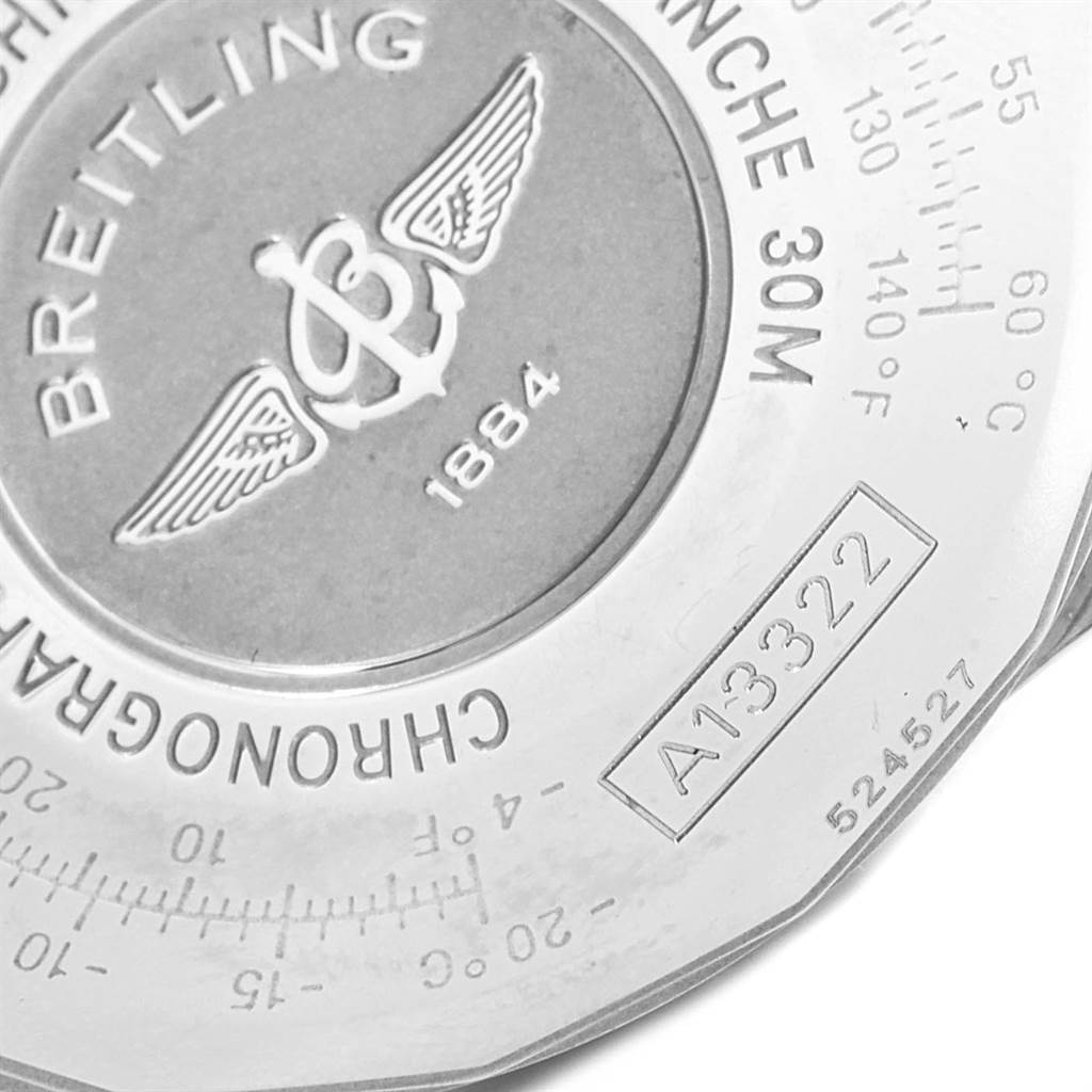 The image shows the back case of a Breitling Navitimer A13322 Men
s Stainless Steel Black Dial A13322 Men
s Stainless Steel Black Dial watch, detailing brand engraving and water resistance information.