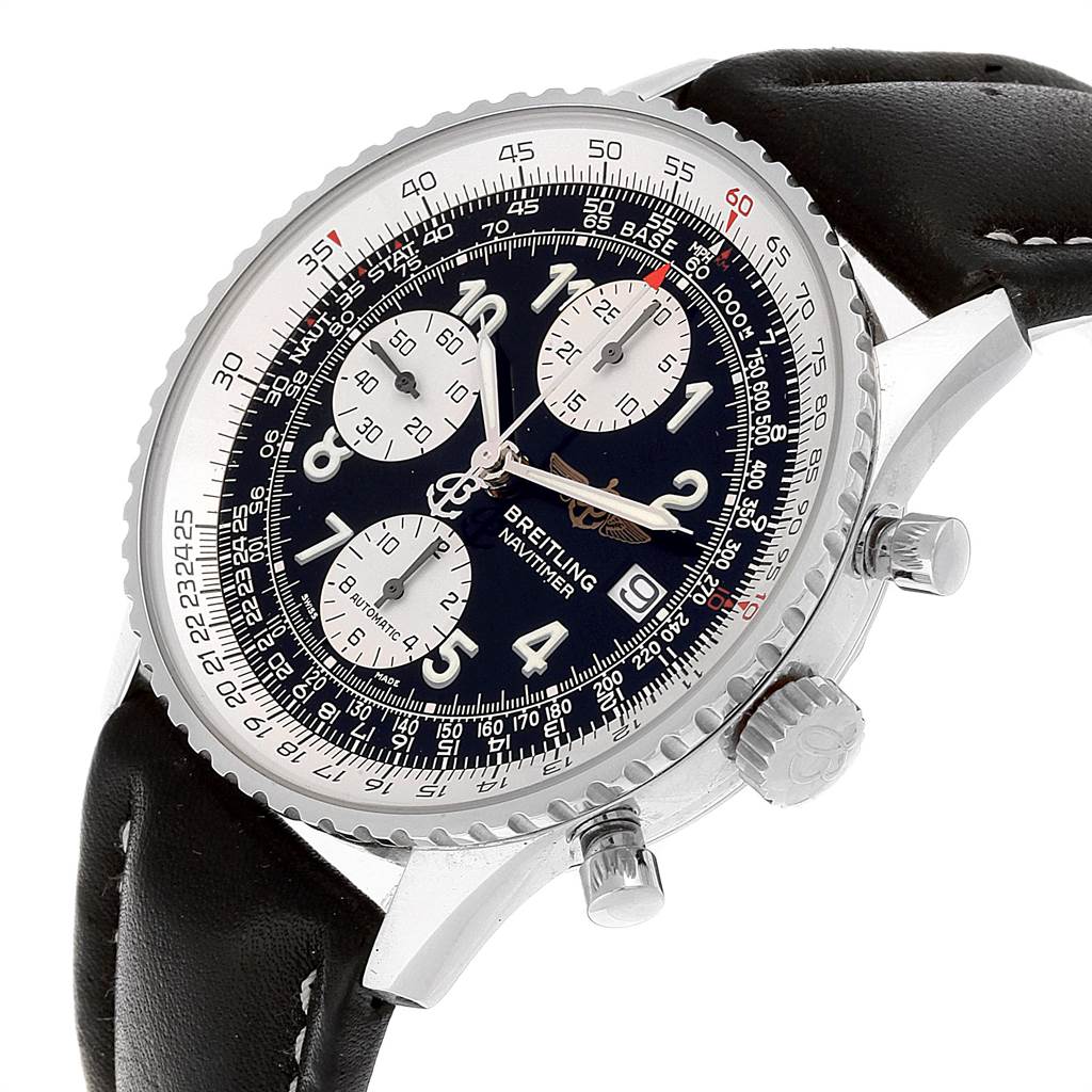 The image shows a Breitling Navitimer A13322 Men
s Stainless Steel Black Dial A13322 Men
s Stainless Steel Black Dial watch at an angle, highlighting the dial, subdials, crown, pushers, and leather strap.