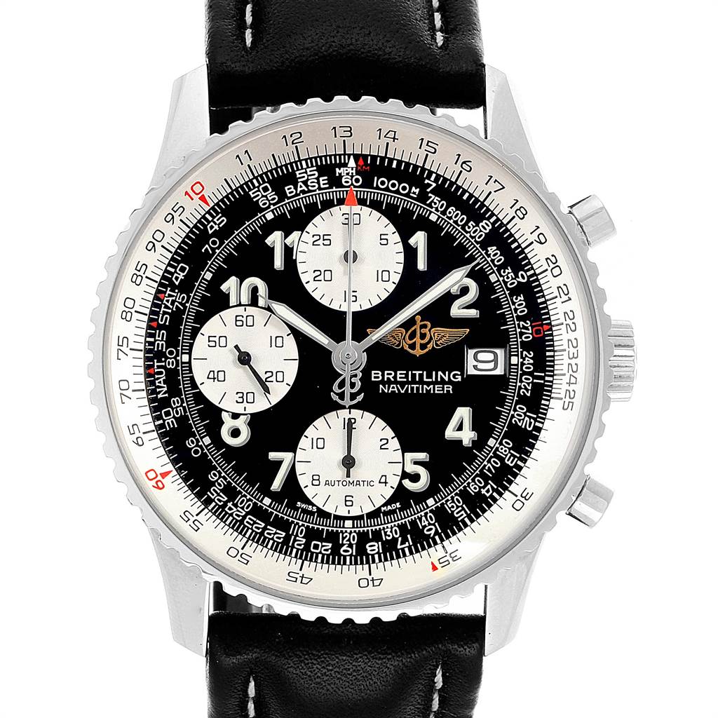 The image shows a close-up of the Breitling Navitimer A13322 Men
s Stainless Steel Black Dial A13322 Men
s Stainless Steel Black Dial watch face, highlighting the dial, subdials, and bezel.