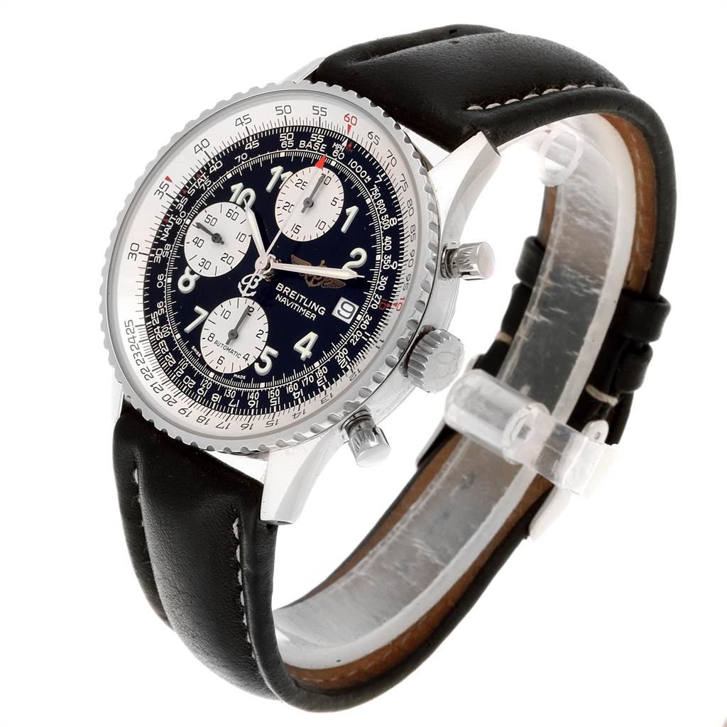 This image shows a Breitling Navitimer A13322 Men
s Stainless Steel Black Dial A13322 Men
s Stainless Steel Black Dial watch from a three-quarter angle, highlighting the face, strap, and side buttons.