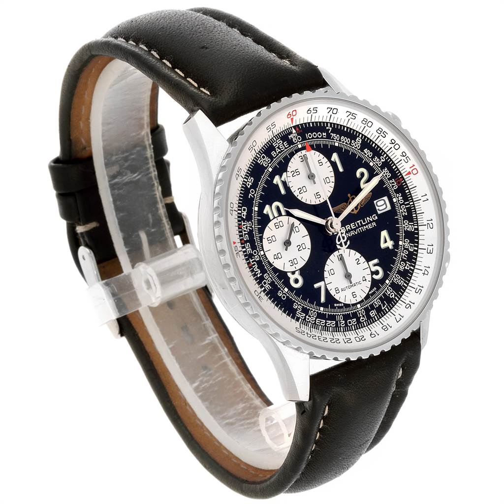 The image shows a Breitling Navitimer A13322 Men
s Stainless Steel Black Dial A13322 Men
s Stainless Steel Black Dial watch at a three-quarter angle, highlighting its black leather strap and detailed dial.