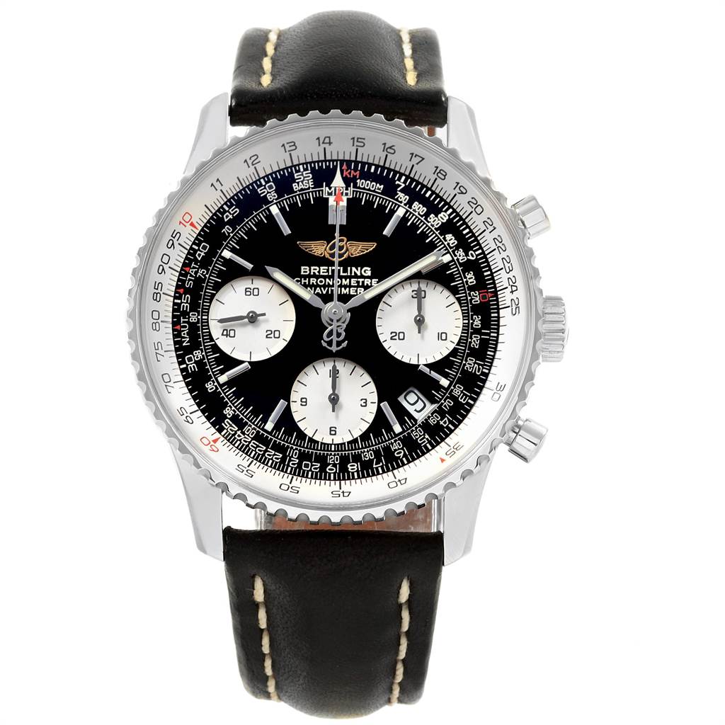 The image shows a front view of the Breitling Navitimer A23322 Men
s Stainless Steel Black Dial A23322 Men
s Stainless Steel Black Dial watch, highlighting its dial, bezel, and leather strap.