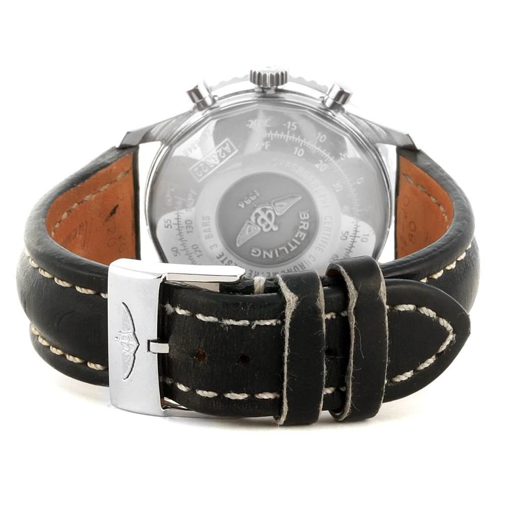 This image shows the back view of a Breitling Navitimer A23322 Men
s Stainless Steel Black Dial A23322 Men
s Stainless Steel Black Dial watch, highlighting its buckle and leather strap.