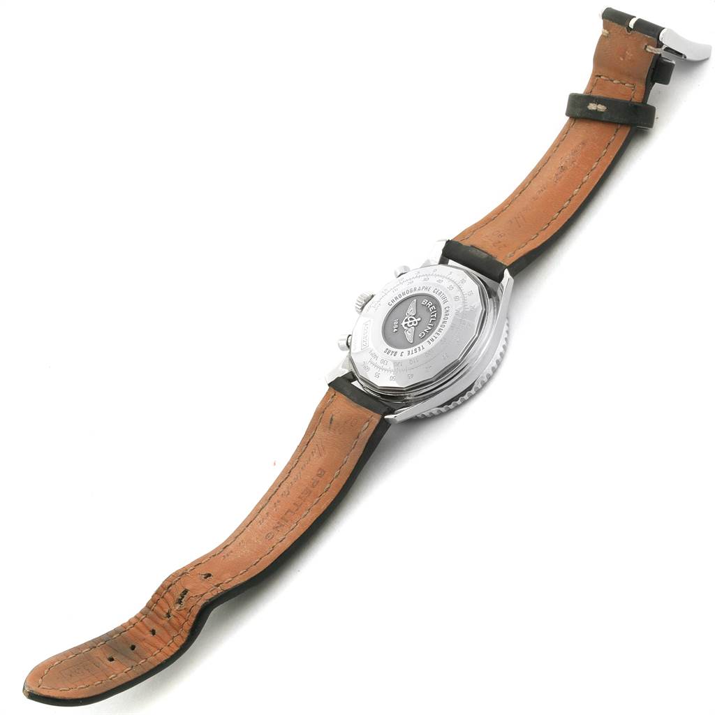 The image shows the back case and leather strap of a Breitling Navitimer A23322 Men
s Stainless Steel Black Dial A23322 Men
s Stainless Steel Black Dial watch, viewed from the underside.