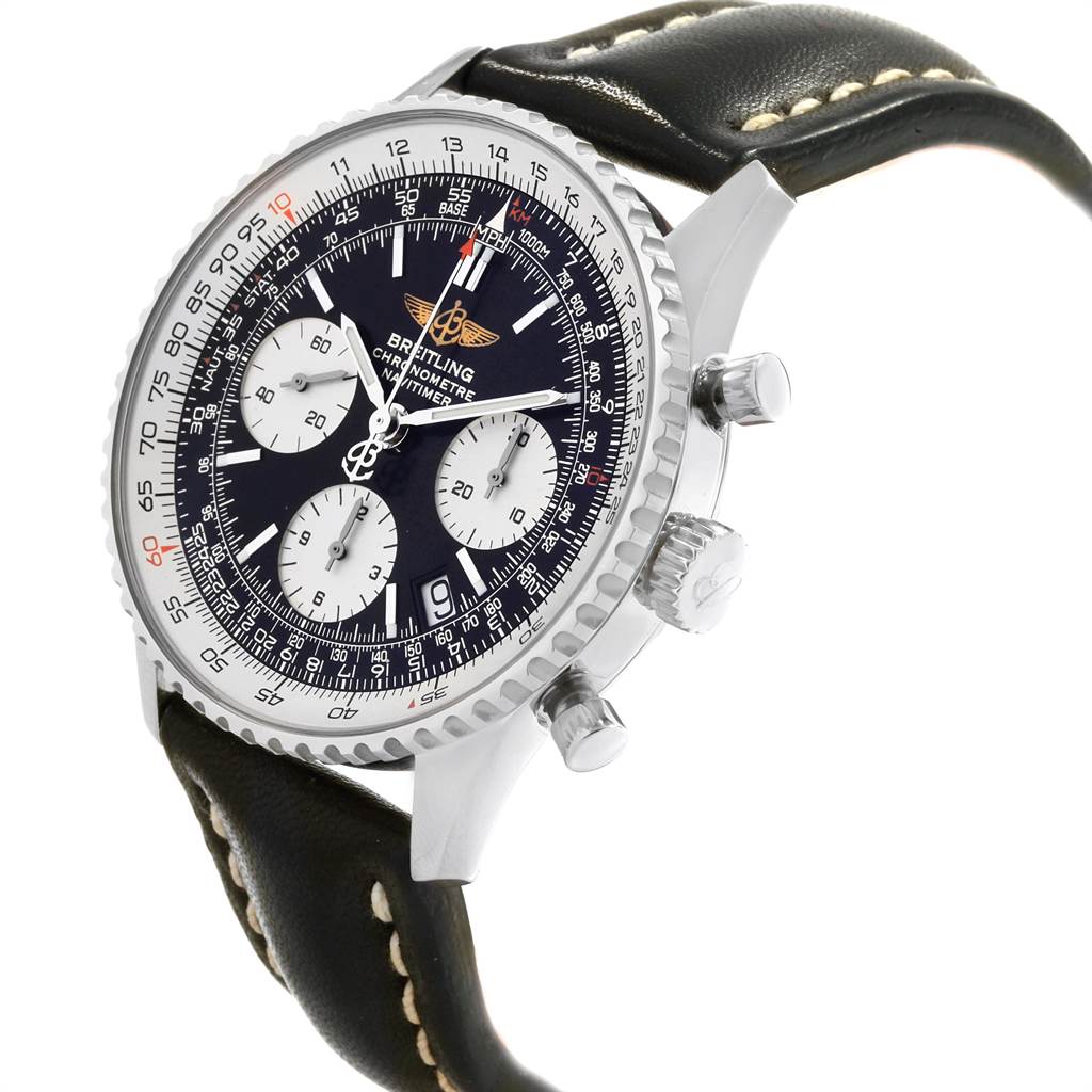 The Breitling Navitimer A23322 Men
s Stainless Steel Black Dial A23322 Men
s Stainless Steel Black Dial watch is shown at a slight angle from the front, highlighting the dial, bezel, chronograph pushers, and leather strap.