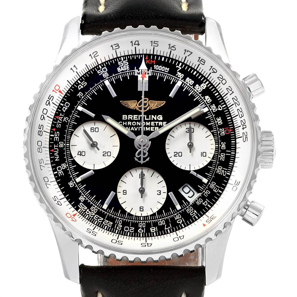 The image shows a Breitling Navitimer A23322 Men
s Stainless Steel Black Dial A23322 Men
s Stainless Steel Black Dial watch face from a front angle, displaying its dial, subdials, and bezel.