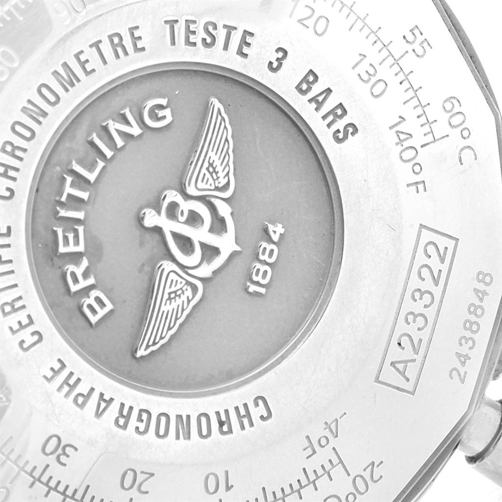 This image shows the engraved case back of a Breitling Navitimer A23322 Men
s Stainless Steel Black Dial A23322 Men
s Stainless Steel Black Dial watch, featuring the brand logo and model number.