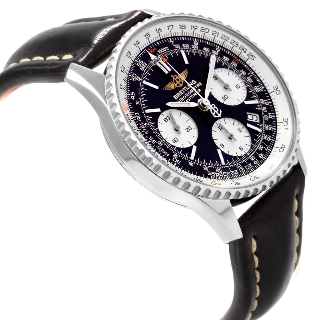 The image shows a side angle of a Breitling Navitimer A23322 Men
s Stainless Steel Black Dial A23322 Men
s Stainless Steel Black Dial watch, highlighting its black dial, subdials, and leather strap.