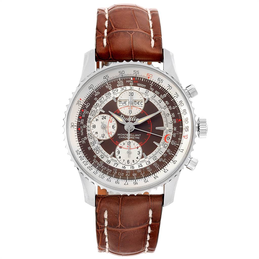 This image shows the Breitling Navitimer A21330 Men's Stainless Steel Brown Dial A21330 Men's Stainless Steel Brown Dial watch from a front angle, displaying its dial, crown, pushers, and brown leather strap.